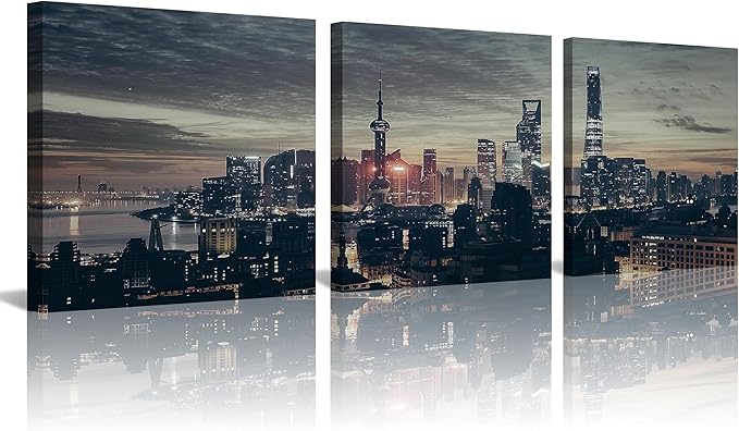 NAN Wind 3Pcs Modern Shanghai Skyline Canvas Wall Art Dusk City Panorama Print Oriental Pearl Tower Night Scene Artwork Living Room Office Decor Black Grey Gold Urban Photography Print on Canvas Decor