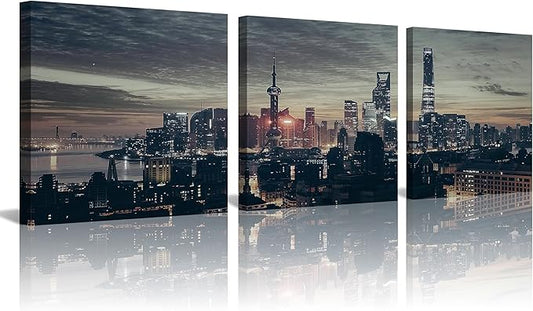 NAN Wind 3Pcs Modern Shanghai Skyline Canvas Wall Art Dusk City Panorama Print Oriental Pearl Tower Night Scene Artwork Living Room Office Decor Black Grey Gold Urban Photography Print on Canvas Decor