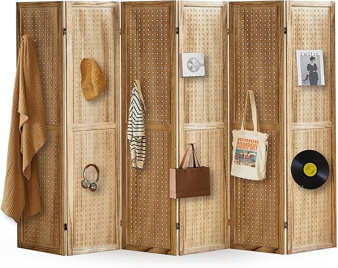 6 Panel Pegboard Display with 24 Hooks, Pegboard Room Divider and Folding Privacy Screens, Partition Room dividers, Wooden Room Divider Wall, Jewelry Store, Bedroom, Balcony, Light Brown