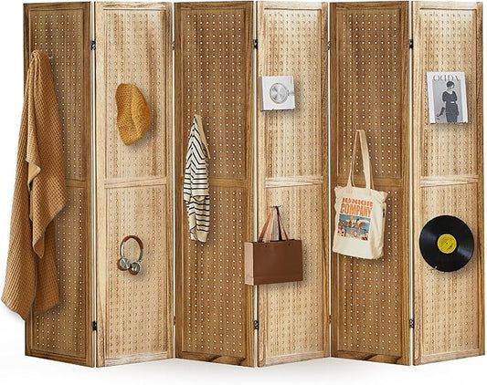 6 Panel Pegboard Display with 24 Hooks, Pegboard Room Divider and Folding Privacy Screens, Partition Room dividers, Wooden Room Divider Wall, Jewelry Store, Bedroom, Balcony, Light Brown