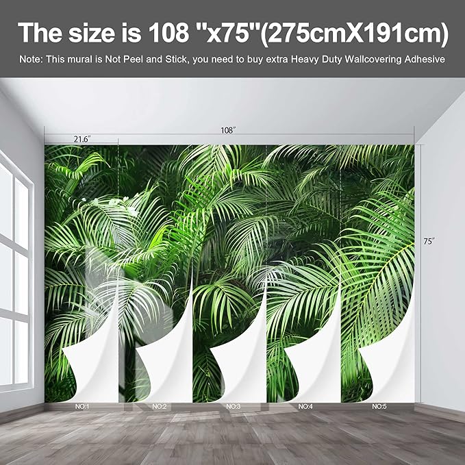 -Green Tropical Botanical Palm Leaf Wallpaper Large Wall Mural for Living Room Bedroom (Papel tapiz para pared de habitatacion) 108" x 75" (It's not Peel and Stick)
