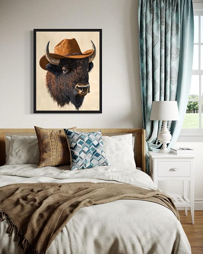 Bison Cowboy Art Print Poster Wall Art, Western Country Farmhouse Wild West for Bedroom, Bathroom, Living Room Art Decor 58 (Bison, 11 x 14 inches, Black Frame)