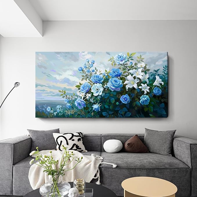 Nicetop Extra Large Floral Canvas Art for Living Room – Elegant Botanical Wall Picture with White Lilies, Blue Roses & Green Leaves – Horizontal Nature Artwork for Bedroom, Office, Kitchen, 58x29 Inch