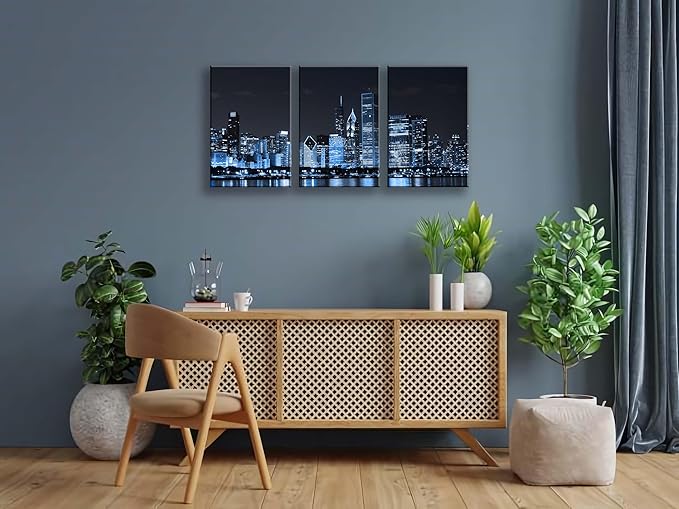 NAN Wind Chicago City Center Skyline Canvas Prints Modern Office Decor Chicago Skyline Canvas Art Cityscape Wall Decorations Blue Wall Decor for Living Room Pictures for Bedroom Decorations