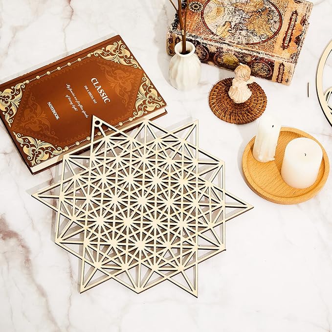 Leinuosen 4 Pcs 12 Inch Crystal Grid Board Sacred Geometric Wall Art Set Metatron Cube, Flower of Life, Sri Yantra, 64 Star Tetrahedron Pagan Decor Home Wall Decor for Room (Wood Color)