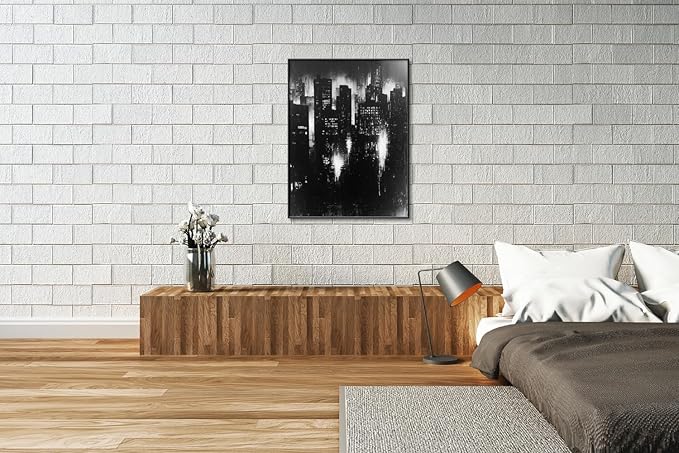 Abstract Cityscape Wall Art, Modern Urban Night Skyline Canvas Painting, Contemporary Expressionist City Decor (Black, 35" W x 47" L / 90x120cm, Framed)