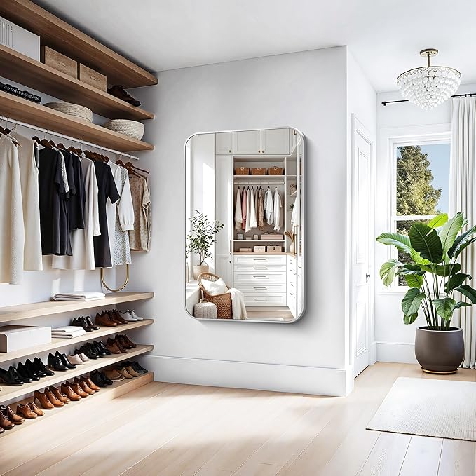 KOCUUY Silver Bathroom Mirror, 55x36 Inch Large Bathroom Mirror for Over Sink, HD Tempered Glass, Anti-Rust Brushed Silver Frame, Rounded Corner Modern Design for Bathroom, Hang Horizontal/Vertical