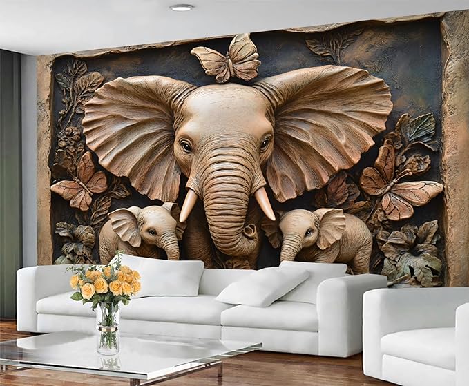 African Elephants Mural Wallpaper, Greek Reliefs Murals, Butterflies Flowers Murals Wallpaper for Living Room Bedroom Home Decor Mural - 59" W x 39.26" H (Not Peel Stick)
