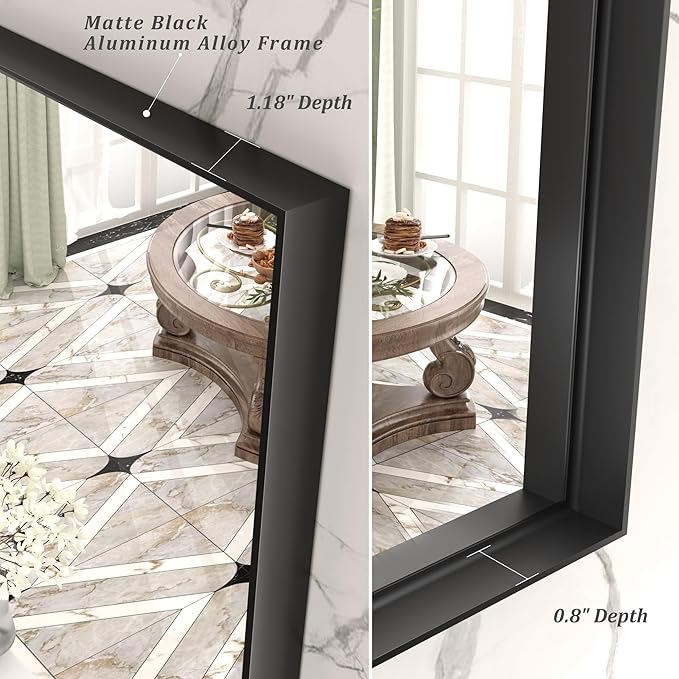 48x36 Inch Matte Black Bathroom Mirror, Modern Rectangle Metal Framed Mirrors for Wall, Black Vanity Mirror with Square Corner, Shatter-Proof, Anti-Rust (Horizontal/Vertical)