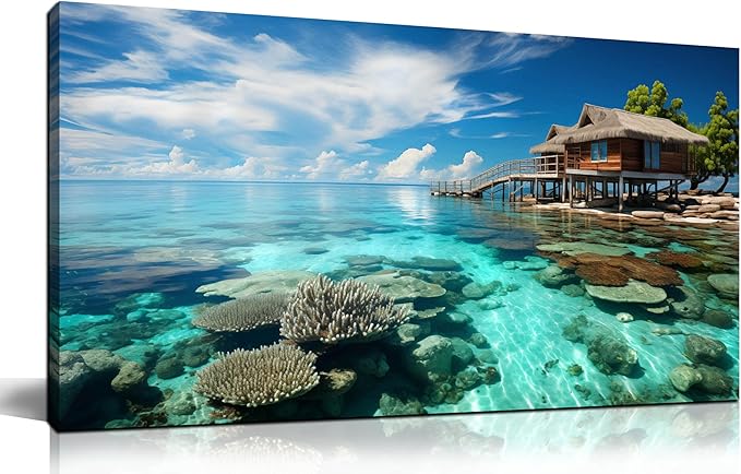 Ocean Scenic Canvas Wall Art, Blue Seascape Wall-Decor Picture , Ocean Scenery Canvas Decoration, Coastal Landscape Print Decorative Artwork for Home living Room Bedroom and Office, Size 40x20 Inches