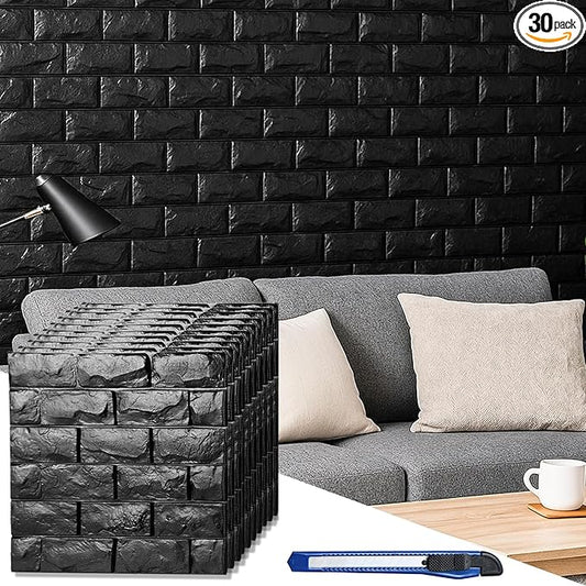 Circloophs 30 Pcs 3D Wall Panels Stick and Peel, Black Brick Printable 3D Wallpaper Stick and Peel Self Adhesive Waterproof Foam Faux Brick Paneling for Bedroom, Bathroom, Kitchen, Fireplace