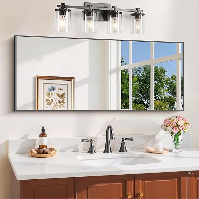 Black Bathroom Mirror for Wall, 20x48 Inch Rectangle with Metal Frame, Modern Vanity for Bathroom Living Room, Entryway Hangs Horizontal or Vertical