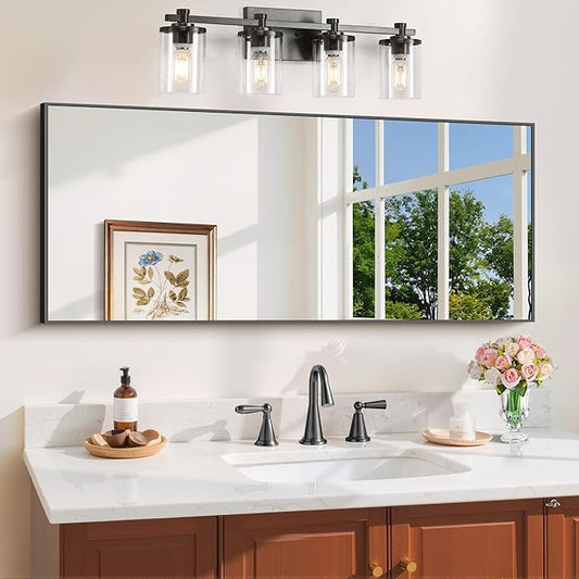 Black Bathroom Mirror for Wall, 20x48 Inch Rectangle with Metal Frame, Modern Vanity for Bathroom Living Room, Entryway Hangs Horizontal or Vertical