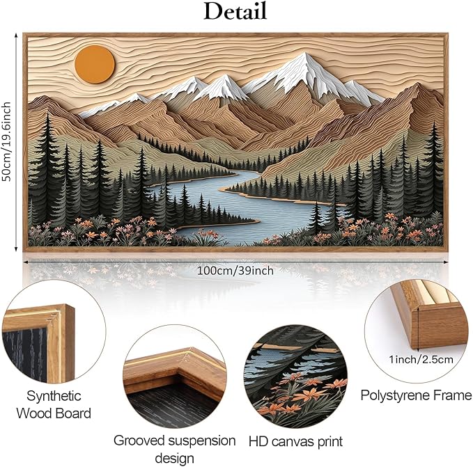 CHDITB Mountain Framed Wall Art, Long Horizontal Mountains Wall Decor, Sun Lake Pine Trees Nature Wall Painting, Modern Rustic Farmhouse Landscape Art Prints For Bedroom Office Decoration 20"x40"