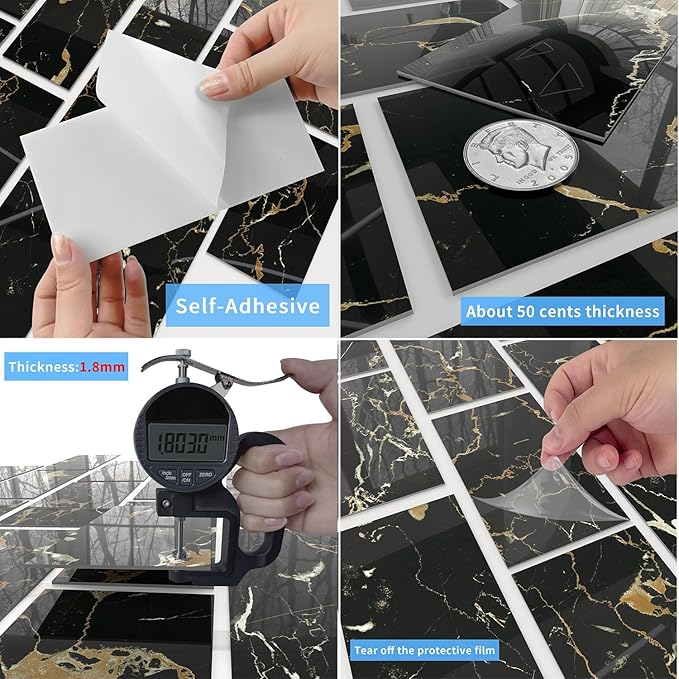 64-Pack Peel and Stick Backsplash Marble Wall Tiles, Waterproof 4" x 8" Glossy Imitation Black Gold Marble, PVC Shower Wall Panels for Interior Wall Decor; Tile for Kitchen, Bathroom, and Fireplace