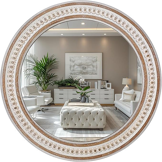 24 Inches Rustic Round Wall Mirrors - Wooden Farmhouse Circle Mirror for Bathroom, Entryway, Bedroom, Living Room, Entryway Decorative