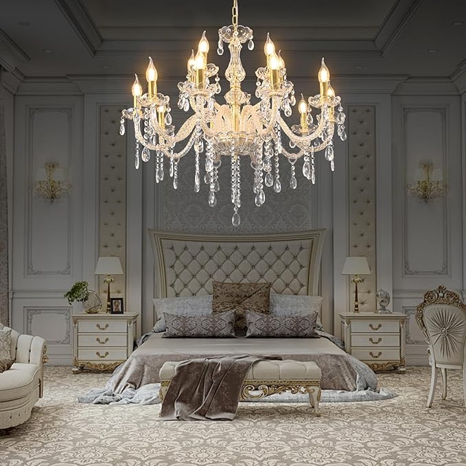 MALOSA Luxury Gold Large Crystal Chandelier for Living Room,Dining Room,Bedroom,Hallway 15 Lights 30.7"