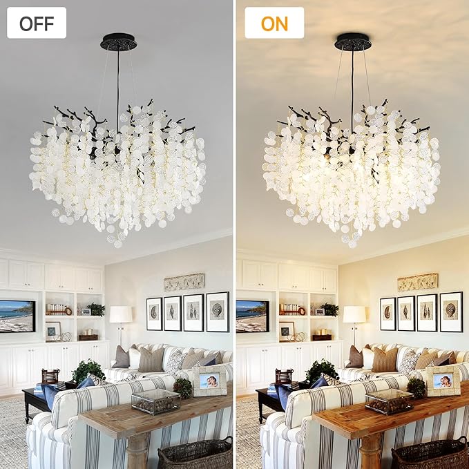 24-Inch Black Tree Branch Chandelier, 8-Light Modern Coastal Chandelier, Round Crystal Dining Room Light Fixtures for Foyer Entryway Stairwell, Bathroom Chandeliers Over Tub, E12