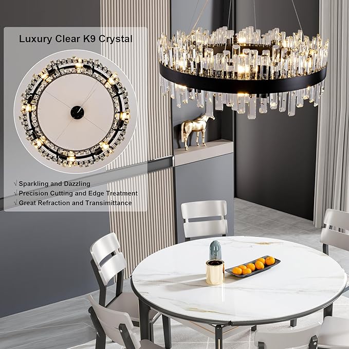 Modern Chandelier, D31.5 Round Black K9 Crystal Chandelier, Luxury Hanging Ceiling Light for Living Room, Chandeliers Pendant Light Fixture for Dining Room Hall Stairway Kitchen Bedroom