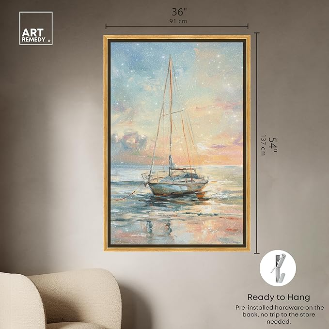 Art Remedy Boat On The Shore Framed Sailing 1 Piece Canvas Wall Art, 37.5" x 55.5", Gold Frame