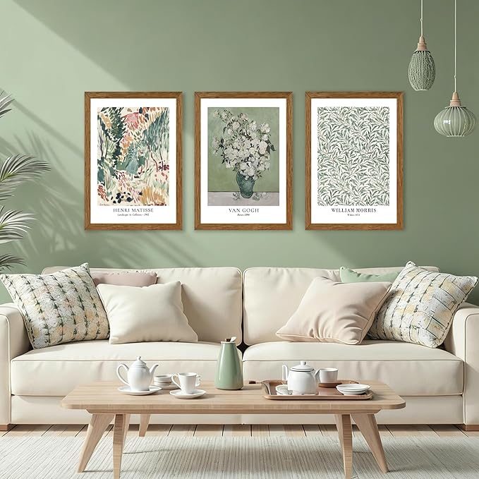 JLTULT 3 Piece Vintage Sage Green Canvas Wall Art, Monet Van Gogh Matisse Wall Decor, Botanical Painting Artwork Prints for Living Room Bedroom Home Office 16X24 inch Wood Framed Easy to Hang