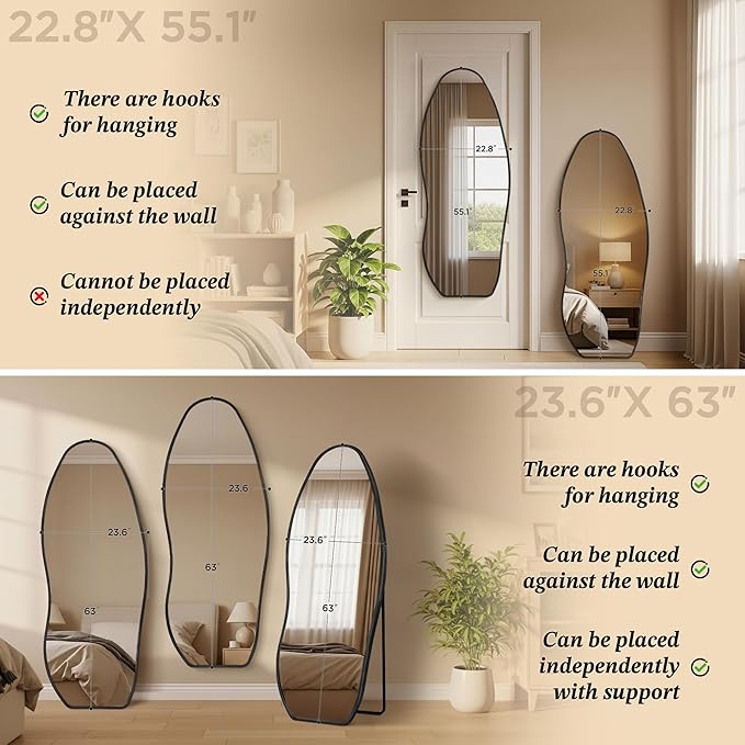 Mirror Full Length - Irregular Full Body Mirror Standing or Leaning or Wall hanging 63"x 24" Asymmetrical Aviation Aluminum Alloy Frame Unique for Bedroom, Living Room, Cloakroom, Entryway