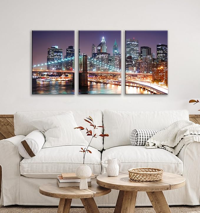 NAN Wind 3Pcs New York City Skyline Canvas Wall Art Brooklyn Bridge Night View Framed Wall Decor Blue Purple Manhattan Urban Cityscape Picture Canvas Artwork Modern Home Decor Living Room Office