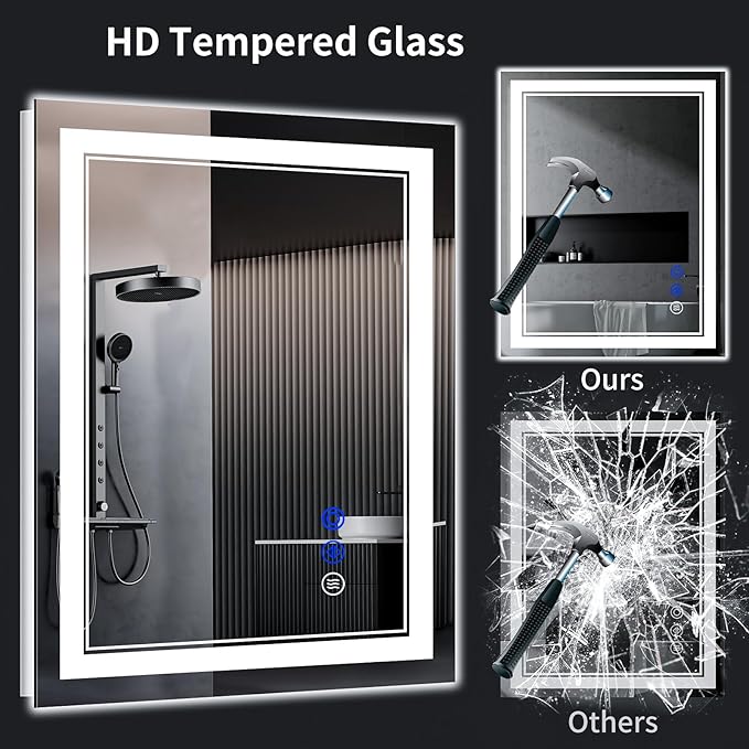 30"x30" LED Bathroom Mirror with Anti-Fog, Stepless Dimmable Lights, 3 Color Modes, Shatter-Proof Tempered Glass, Memory Function & Waterproof Design