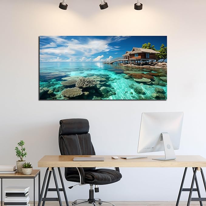 Ocean Scenic Canvas Wall Art, Blue Seascape Wall-Decor Picture, Ocean Scenery Canvas Decoration, Coastal Landscape Print Decorative Artwork for Home living Room Bedroom, Large Size 59x29 Inches