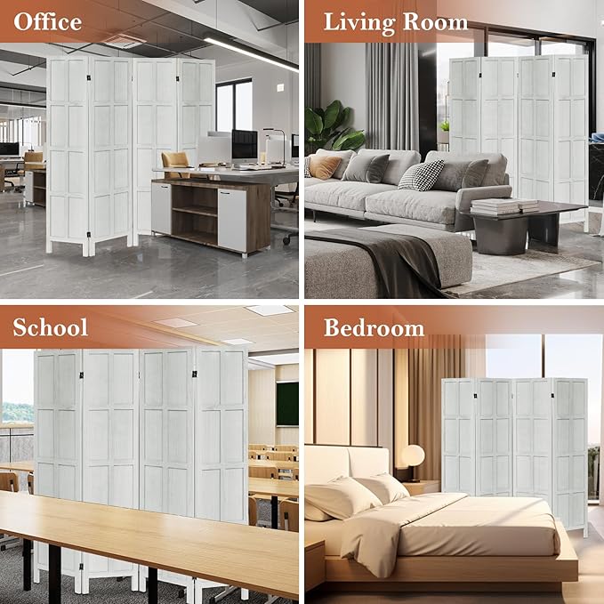 4 Panel Room Divider and Folding Privacy Screen, Classic 5.6Ft Wood Room Divider Wall, Partition Screen Divider for Room Separation for Home Office, Bedroom, Office, Dressing Room, White
