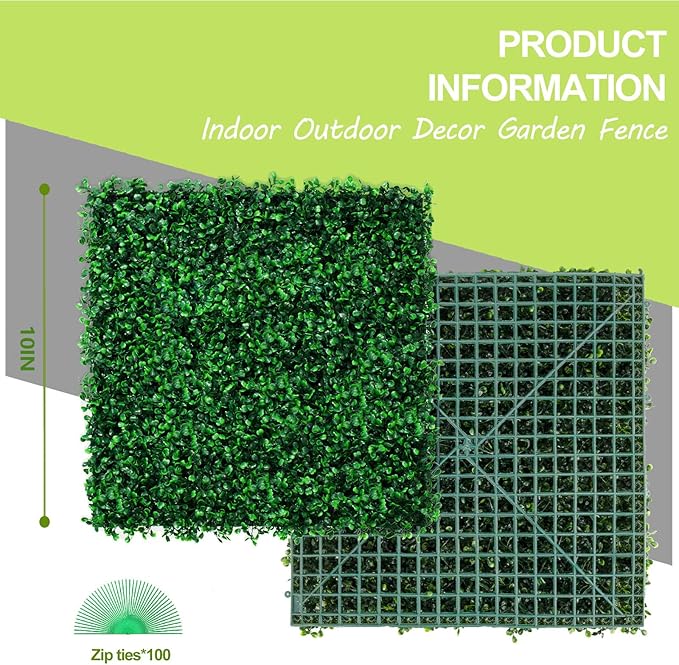 AOKIE 10"X10" Artificial Grass Wall, 24Pcs Boxwood Hedge Wall Panels UV-Anti Grass Backdrop Wall Decor, Greenery Privacy Hedge Screen for Indoor Outdoor Patio Balcony, Party Garden Fence (16.8 sq ft)