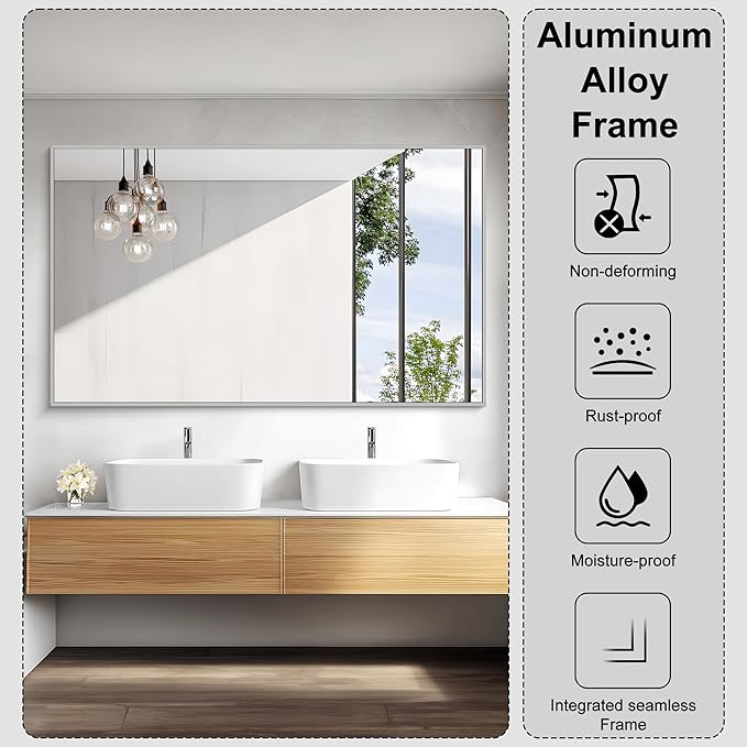 KOCUUY Silver Bathroom Mirror, 60"x36" Large Rectangle Bathroom Mirror for Wall, HD Tempered Glass, Anti-Rust Brushed Silver Frame, Modern Design for Bathroom, Bedroom, Hang Horizontal/Vertical