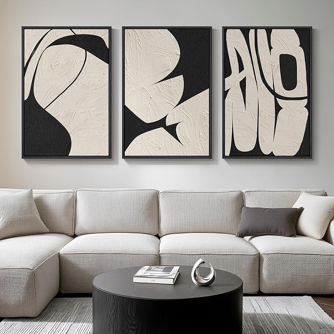Large Framed Neutral Abstract Wall Art for Living Room, 3 Piece Black and Beige Modern Canvas Prints Paintings Artwork for Walls, Minimalist Abstract Pictures for Hallway, Office Wall Decor 24x36 In