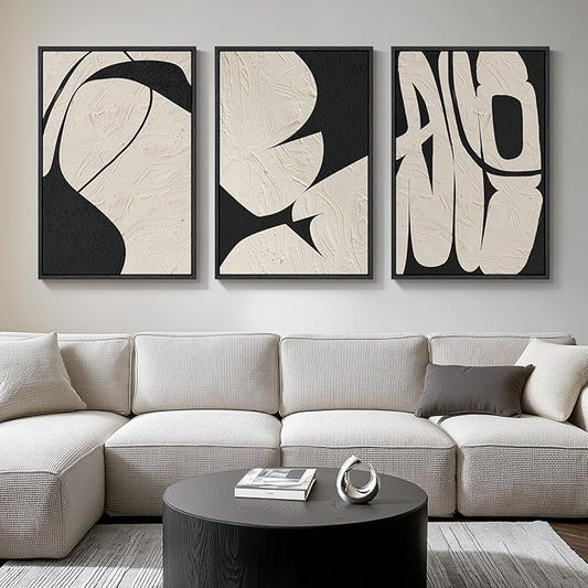 Large Framed Neutral Abstract Wall Art for Living Room, 3 Piece Black and Beige Modern Canvas Prints Paintings Artwork for Walls, Minimalist Abstract Pictures for Hallway, Office Wall Decor 24x36 In