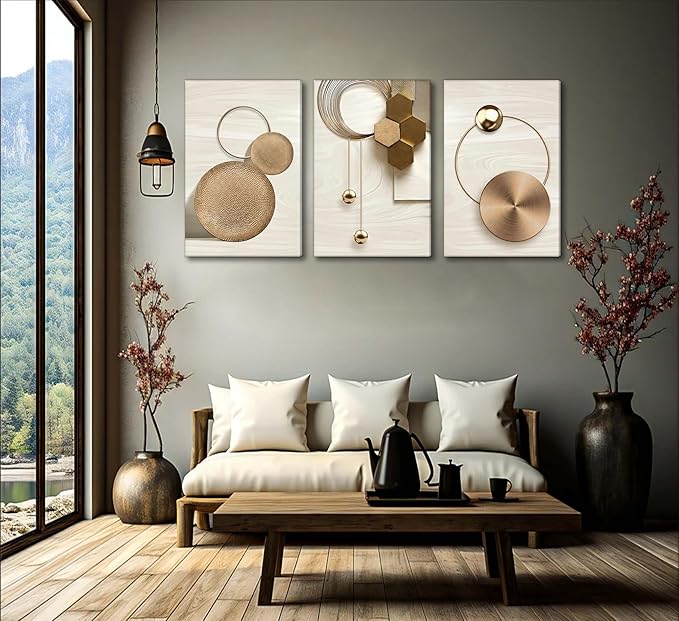 3 Pcs Abstract Gold Geometric Boho Canvas Wall Art Mid Century Modern Minimalist Aesthetic Luxury Metal Artwork Pictures Wall Decor Posters Prints for Living room Bedroom Office Home Decoration