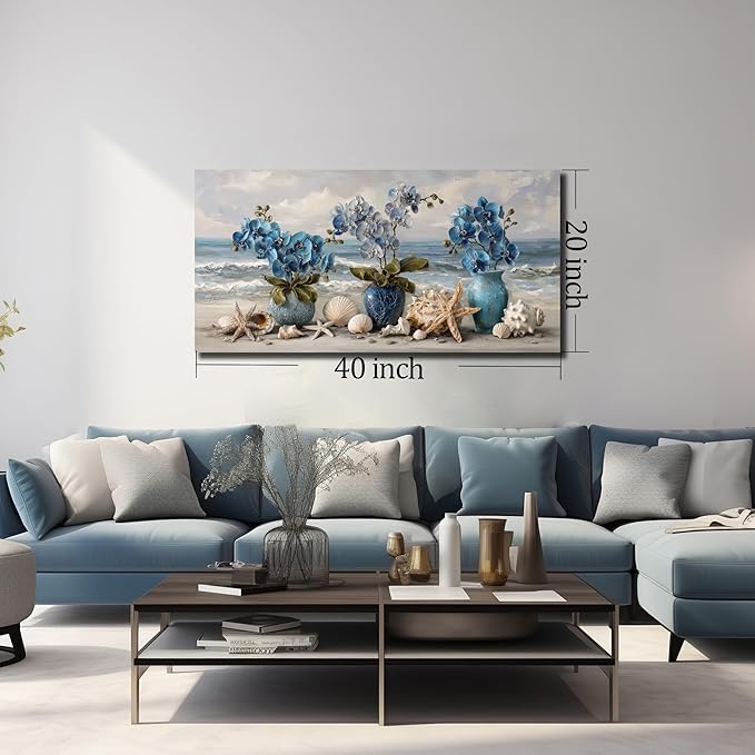 Blue Wall Art Beach Ocean Wall Decor Flower Canvas Art Coastal Seascape Pictures Floral Vase Poster Starfish Conch Shell Print Art for Bedroom Bathroom Living Room Office 20"x 40"