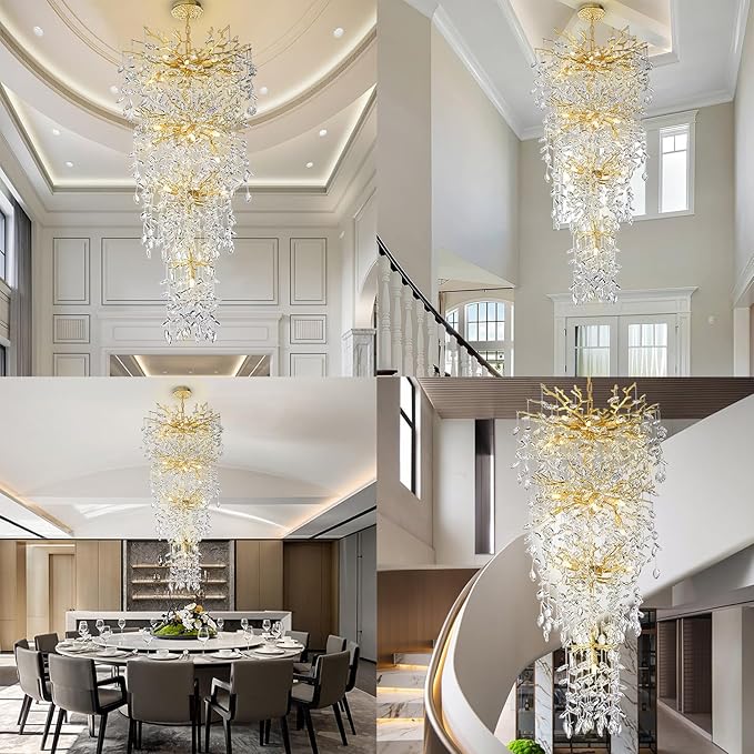 47'' Long Crystal Chandelier for High Ceiling, 25-Light Modern Gold Tree Branch Chandelier, Large Chandeliers for Staircase Foyer Entryway Living Room, 4-Tier Luxury K9 Raindrop Light Fixture- Upgrade