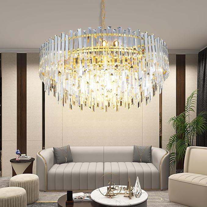 31.5" Modern Crystal Chandelier, 3-Tier Gold Pendant Light with 13 Lights, Luxury K9 Crystal Ceiling Fixture for Dining Room Living Room Foyer