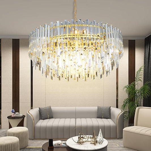 31.5" Modern Crystal Chandelier, 3-Tier Gold Pendant Light with 13 Lights, Luxury K9 Crystal Ceiling Fixture for Dining Room Living Room Foyer
