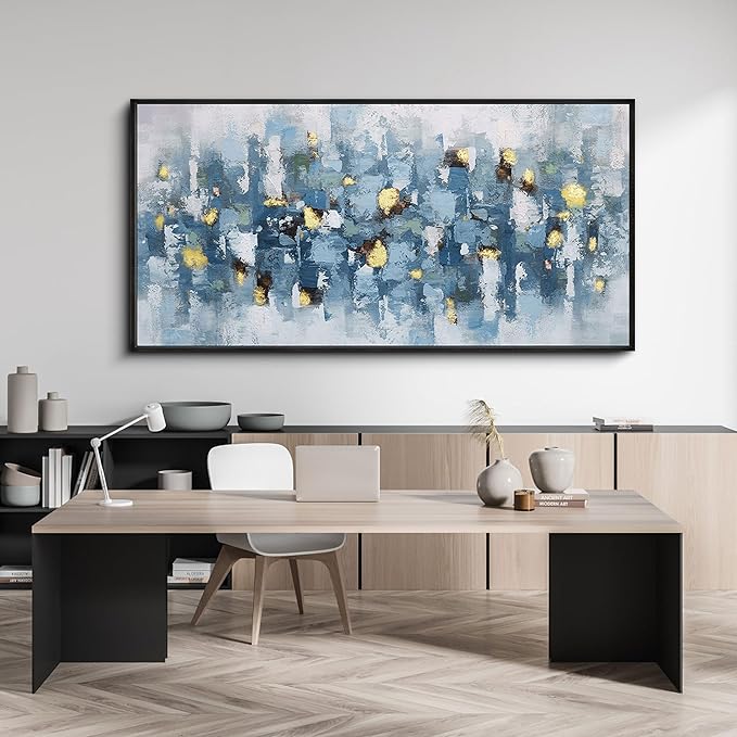 KLAKLA Blue and White Abstract Wall Art - Living Room Wall Decor Gold Picture Artwork for Walls Prints Paintings Framed Canvas Bedroom Office Guest Room Home Decoration 58x29 Inches