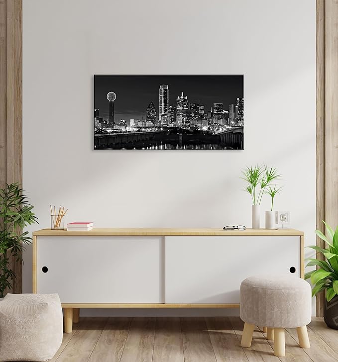 NAN Wind 1 Pcs Dallas Skyline Canvas Wall Art Black White Cityscape Night Scene Modern City Giclee Prints on Canvas Framed Urban Home Decor Skyscrapers Picture Painting for Room Decor