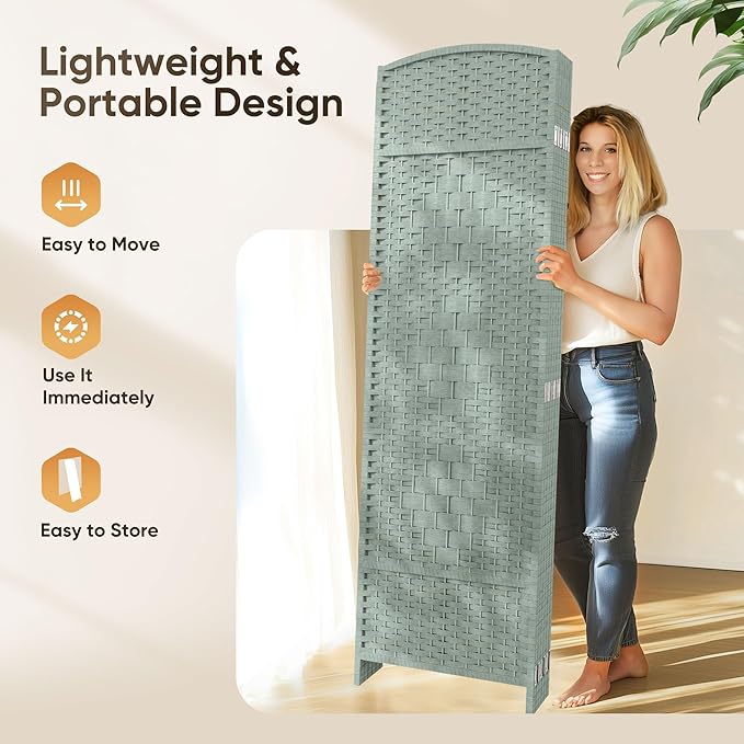 JOSTYLE Folding Privacy Room Divider, 4 Panel Screen Divider 6 ft. Tall Freestanding Extra Wide Rattan Room Partition Wall Separation Dividers, Grey