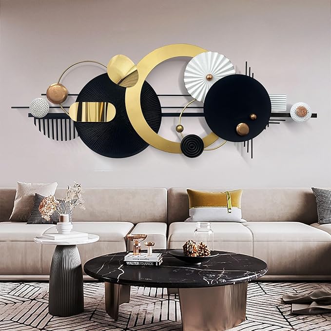 Large Modern Abstract Metal Wall Art, Black and Gold Geometric Circles Wall Decoration, Contemporary Home Decor,59 × 24 inches Wall Art for Living Room/Dinning Room/Bedroom/Entryway/Kitchen/Office