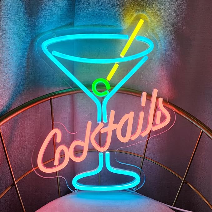 Cocktail Neon Sign, 11" x 13.7" Multicolor Acrylic Wall Mount, Tabletop, Hanging Chain LED Sign for Home Bar Decor