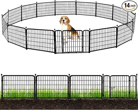 ADAVIN 24 in(H) Garden Fence with Gate, 14 Panels Heavy Duty Iron Metal Animal Barrier Fence, Camping Fence, Garden Fences and Borders for Dogs,Total 34.5 Ft(L), Black