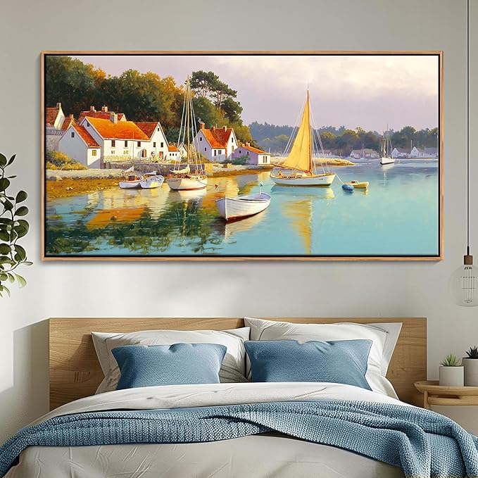 AJAZIKO Coastal Wall Art - Rustic Ocean & boat Canvas Art for Living Room & Bedroom Decor - Framed Landscape Artwork for Walls - Italian Farmhouse & Country Wall Decor Print Pictures29x58IN