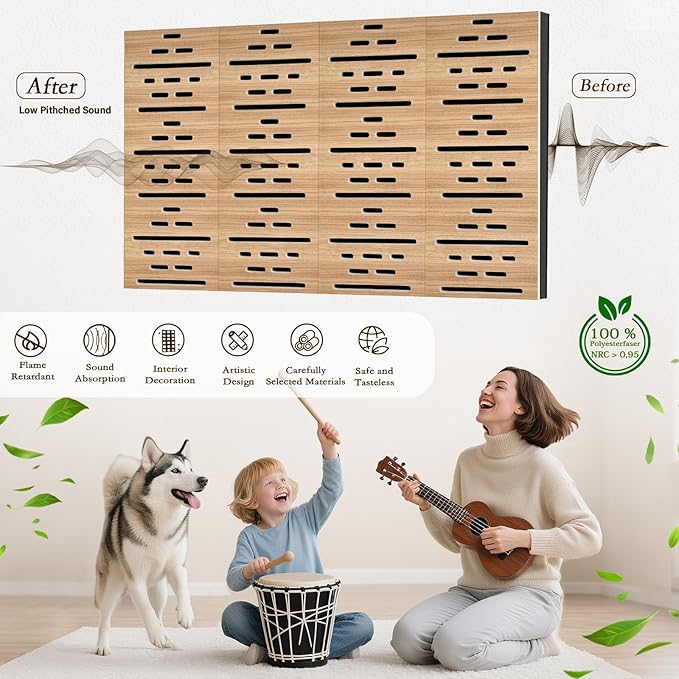 4Pack Acoustic Wall Panel, Self-Adhesive Soundproof Foam Panels for Wall, 3D Perforated Tri-Layer Polyester Fiber Decorative Acoustic Insulation for Recording Studio, Office, 24×12×1.78", Broken-Line