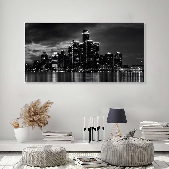 NAN Wind Detroit Skyline Canvas Wall Art Cityscape Night Scene Black & White City Art Print on Canvas Modern Giclee Framed Painting for Room Decor Home Decor Detroit Skyline Picture Prints