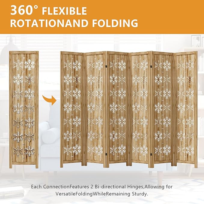 Casaphoria 6 Panels Room Divider, Folding Screen Room Divider with Snowflake Pattern for Home Office, Restaurant and Bedroom, Paulownia Wood, 95" W x 67" H (Natural)