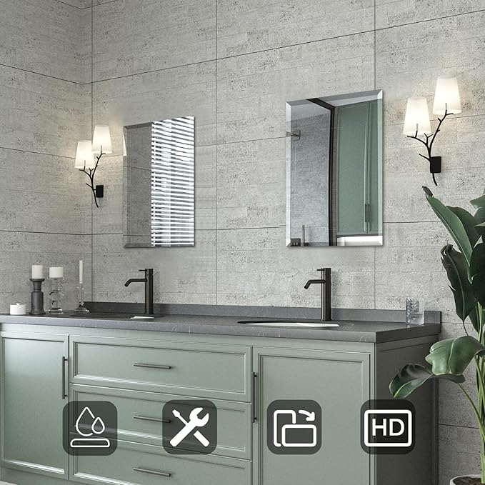Mirrorons Beveled Mirror, Bathroom Mirrors for Wall 16" x 20", Frameless Rectangle Bathroom Mirror with Beveled Edge, Hangs Horizontally or Vertically, Tempered Glass Upgraded Packing